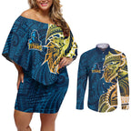 Gold Coast Titans Couples Matching Off Shoulder Short Dress and Long Sleeve Button Shirt Polynesian Tribal Tattoo Pacific Sport Art