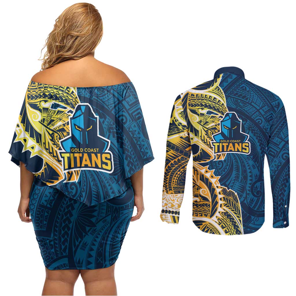 Gold Coast Titans Couples Matching Off Shoulder Short Dress and Long Sleeve Button Shirt Polynesian Tribal Tattoo Pacific Sport Art