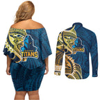 Gold Coast Titans Couples Matching Off Shoulder Short Dress and Long Sleeve Button Shirt Polynesian Tribal Tattoo Pacific Sport Art