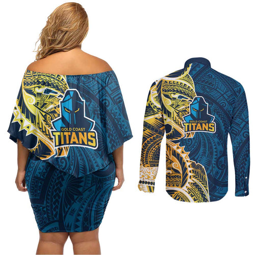 Gold Coast Titans Couples Matching Off Shoulder Short Dress and Long Sleeve Button Shirt Polynesian Tribal Tattoo Pacific Sport Art