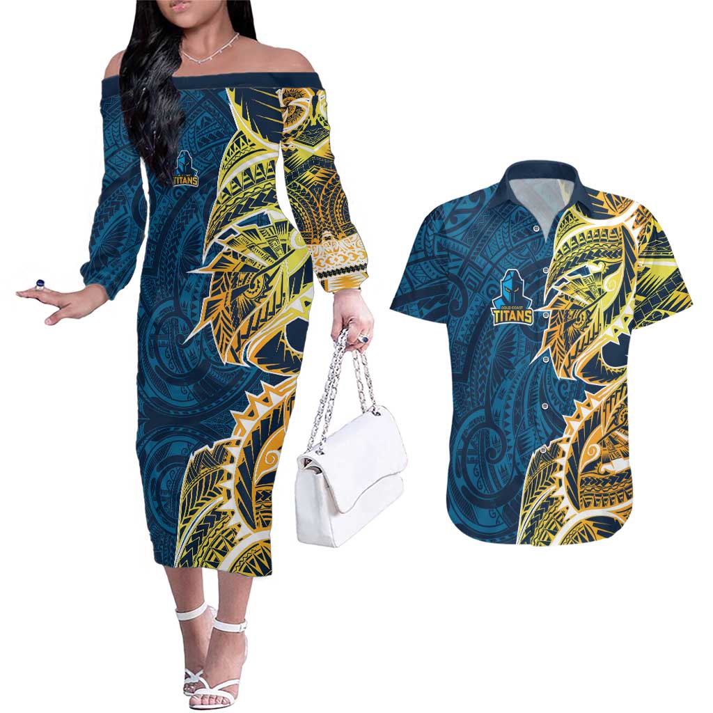 Gold Coast Titans Couples Matching Off The Shoulder Long Sleeve Dress and Hawaiian Shirt Polynesian Tribal Tattoo Pacific Sport Art