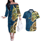 Gold Coast Titans Couples Matching Off The Shoulder Long Sleeve Dress and Hawaiian Shirt Polynesian Tribal Tattoo Pacific Sport Art