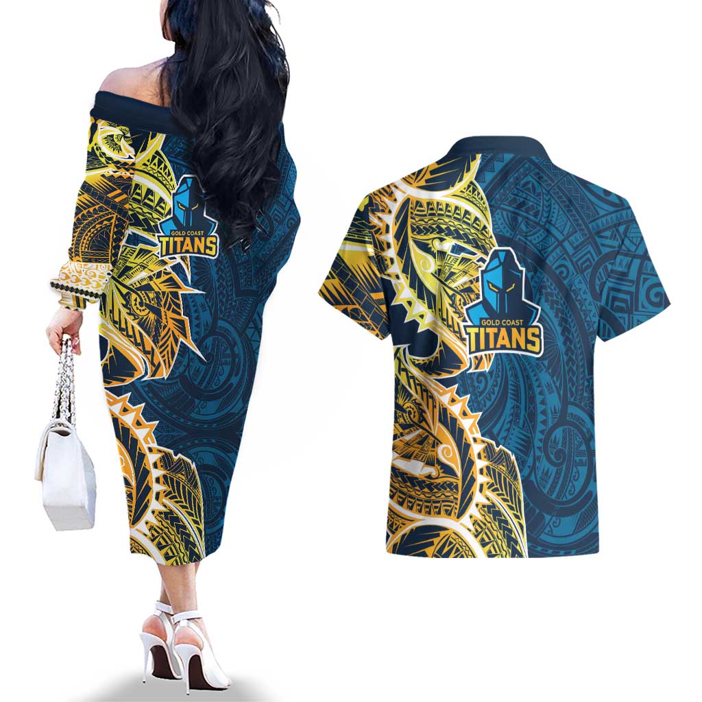 Gold Coast Titans Couples Matching Off The Shoulder Long Sleeve Dress and Hawaiian Shirt Polynesian Tribal Tattoo Pacific Sport Art