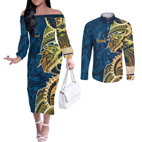 Gold Coast Titans Couples Matching Off The Shoulder Long Sleeve Dress and Long Sleeve Button Shirt Polynesian Tribal Tattoo Pacific Sport Art