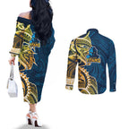 Gold Coast Titans Couples Matching Off The Shoulder Long Sleeve Dress and Long Sleeve Button Shirt Polynesian Tribal Tattoo Pacific Sport Art