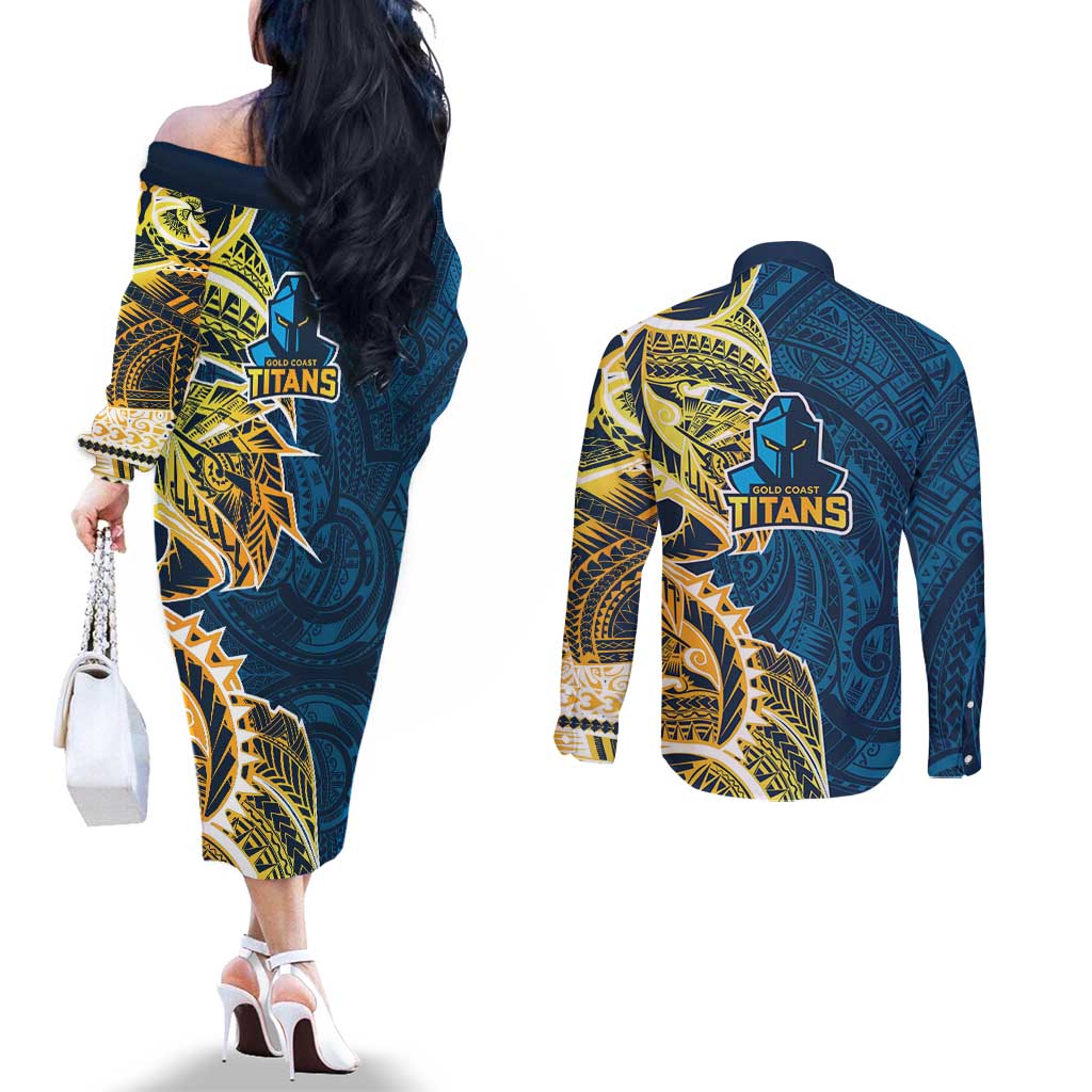 Gold Coast Titans Couples Matching Off The Shoulder Long Sleeve Dress and Long Sleeve Button Shirt Polynesian Tribal Tattoo Pacific Sport Art