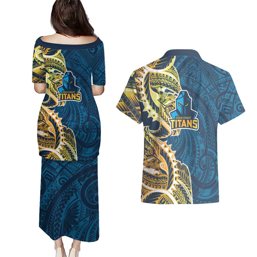 Gold Coast Titans Couples Matching Puletasi and Hawaiian Shirt Polynesian Tribal Tattoo Pacific Sport Art