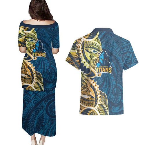 Gold Coast Titans Couples Matching Puletasi and Hawaiian Shirt Polynesian Tribal Tattoo Pacific Sport Art