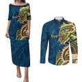 Gold Coast Titans Couples Matching Puletasi and Long Sleeve Button Shirt Polynesian Tribal Tattoo Pacific Sport Art