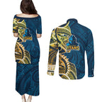 Gold Coast Titans Couples Matching Puletasi and Long Sleeve Button Shirt Polynesian Tribal Tattoo Pacific Sport Art