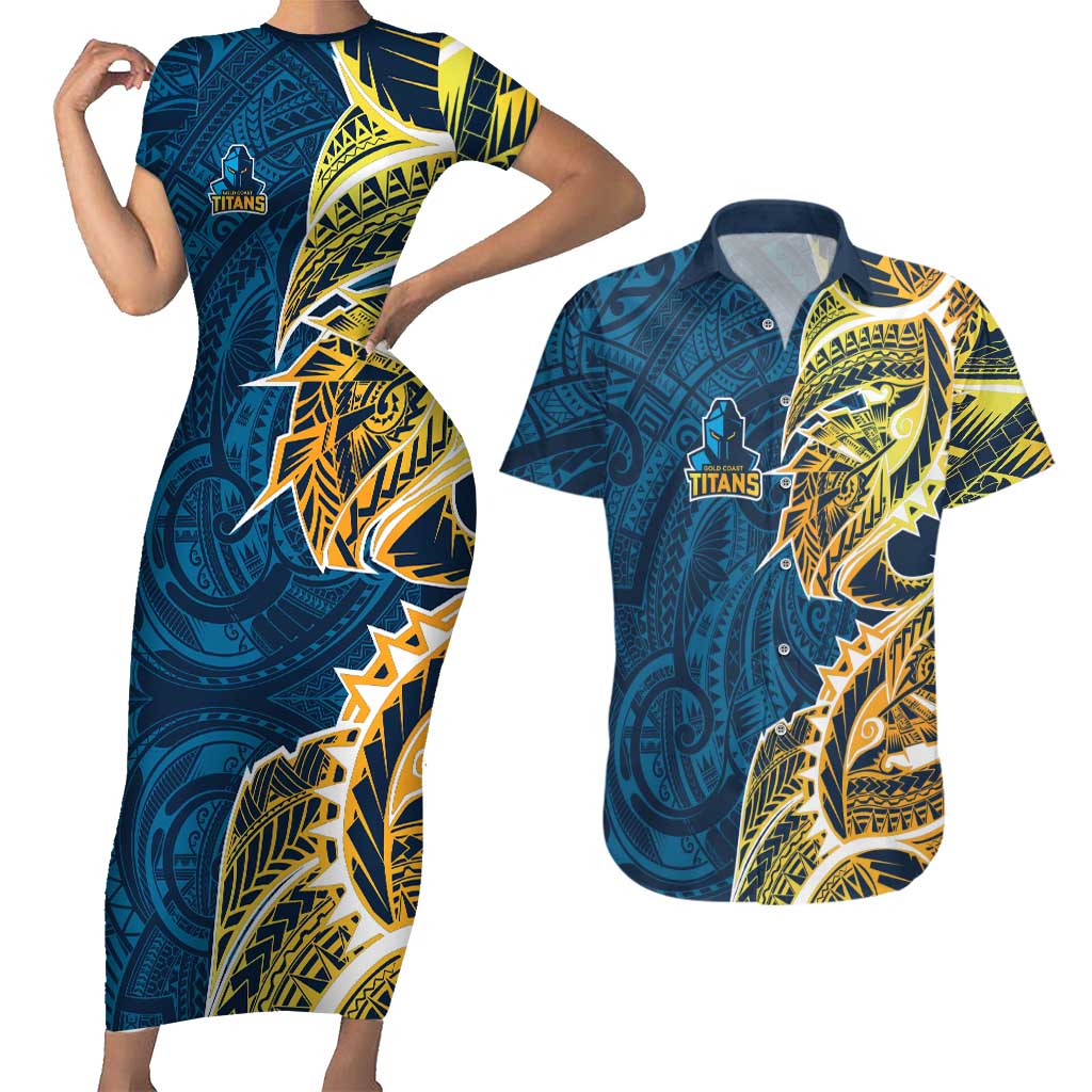 Gold Coast Titans Couples Matching Short Sleeve Bodycon Dress and Hawaiian Shirt Polynesian Tribal Tattoo Pacific Sport Art
