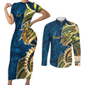Gold Coast Titans Couples Matching Short Sleeve Bodycon Dress and Long Sleeve Button Shirt Polynesian Tribal Tattoo Pacific Sport Art