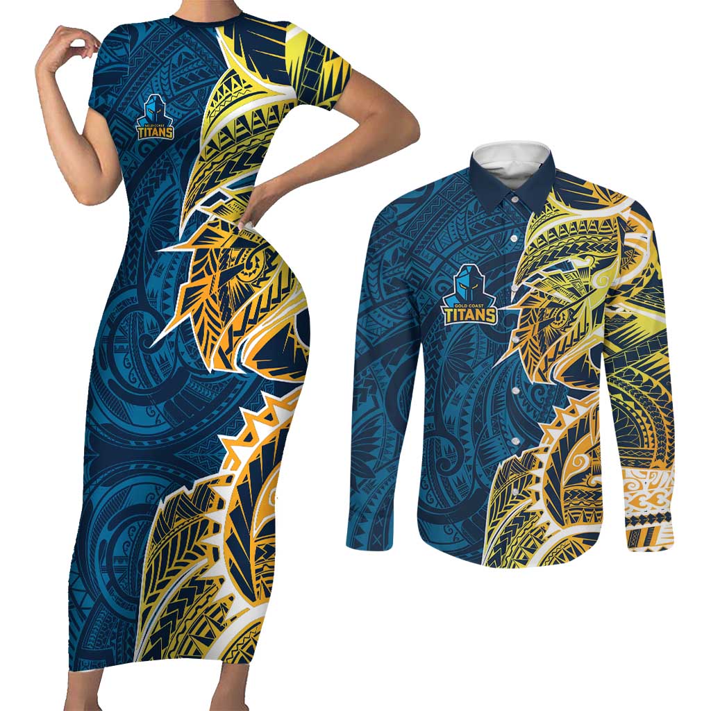 Gold Coast Titans Couples Matching Short Sleeve Bodycon Dress and Long Sleeve Button Shirt Polynesian Tribal Tattoo Pacific Sport Art