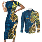 Gold Coast Titans Couples Matching Short Sleeve Bodycon Dress and Long Sleeve Button Shirt Polynesian Tribal Tattoo Pacific Sport Art