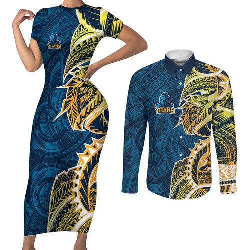 Gold Coast Titans Couples Matching Short Sleeve Bodycon Dress and Long Sleeve Button Shirt Polynesian Tribal Tattoo Pacific Sport Art