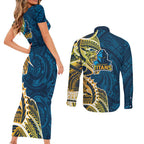 Gold Coast Titans Couples Matching Short Sleeve Bodycon Dress and Long Sleeve Button Shirt Polynesian Tribal Tattoo Pacific Sport Art