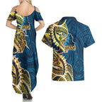 Gold Coast Titans Couples Matching Summer Maxi Dress and Hawaiian Shirt Polynesian Tribal Tattoo Pacific Sport Art