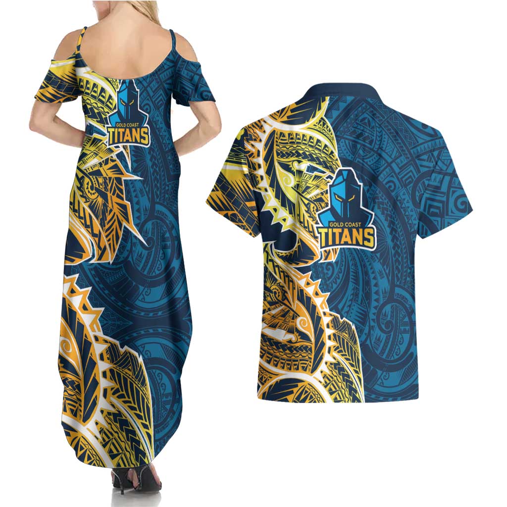 Gold Coast Titans Couples Matching Summer Maxi Dress and Hawaiian Shirt Polynesian Tribal Tattoo Pacific Sport Art