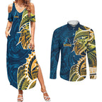 Gold Coast Titans Couples Matching Summer Maxi Dress and Long Sleeve Button Shirt Polynesian Tribal Tattoo Pacific Sport Art