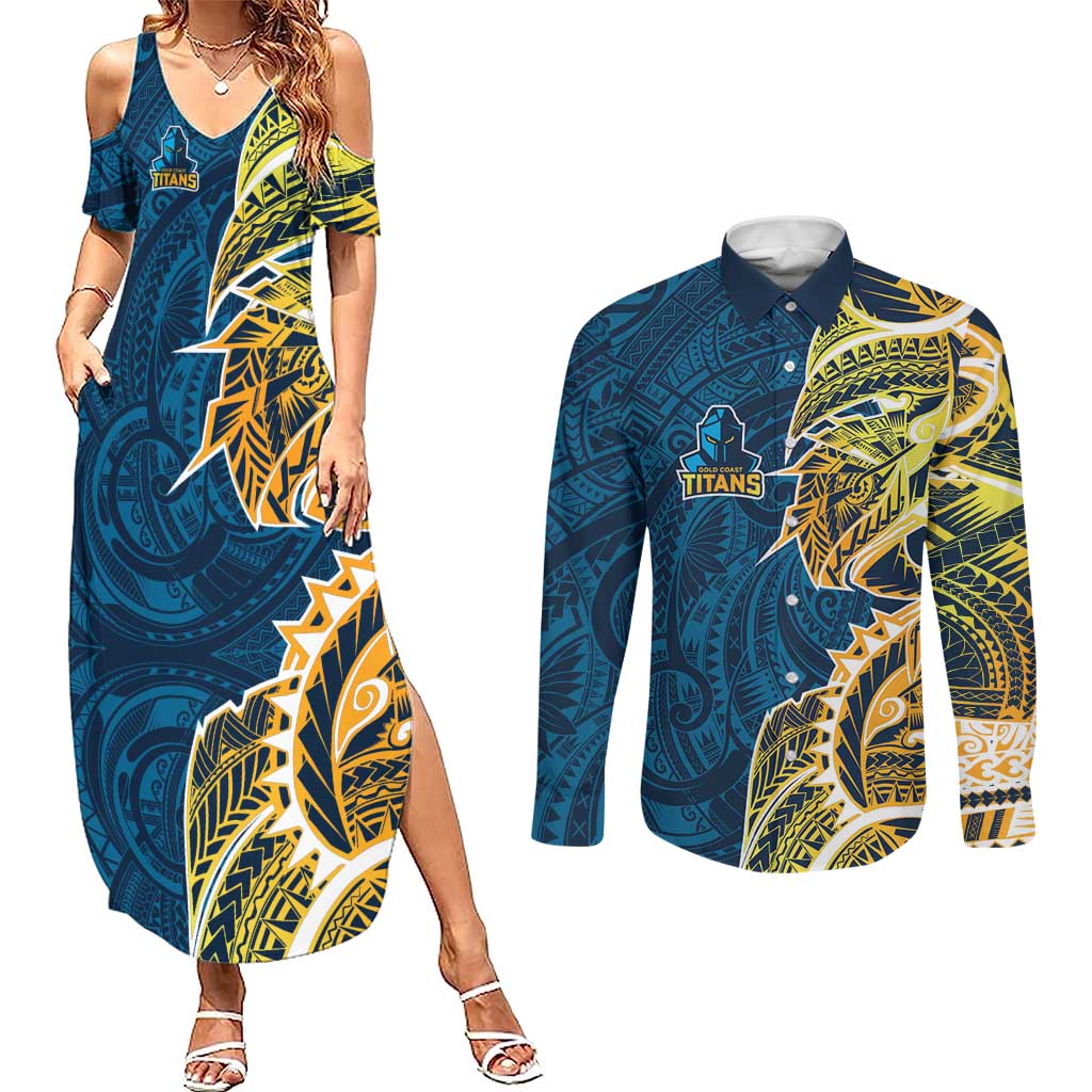 Gold Coast Titans Couples Matching Summer Maxi Dress and Long Sleeve Button Shirt Polynesian Tribal Tattoo Pacific Sport Art