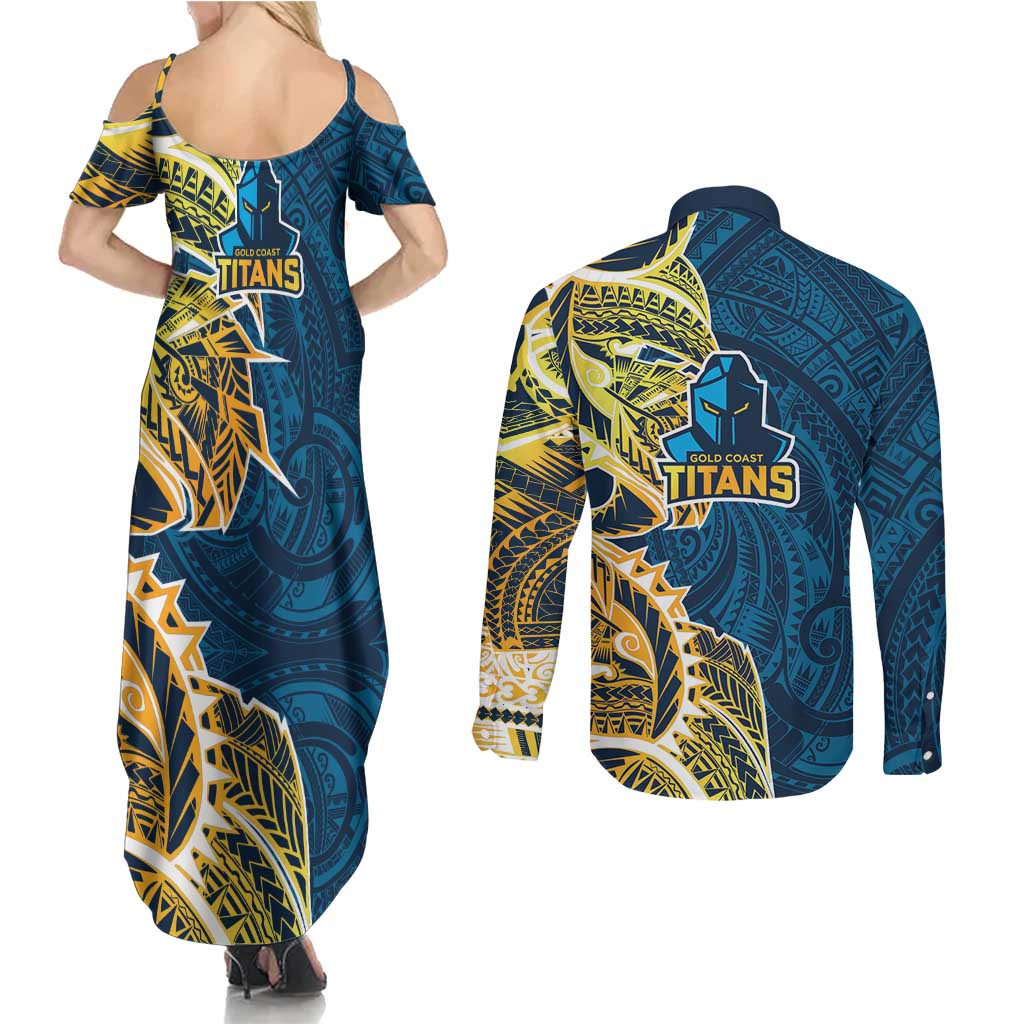 Gold Coast Titans Couples Matching Summer Maxi Dress and Long Sleeve Button Shirt Polynesian Tribal Tattoo Pacific Sport Art