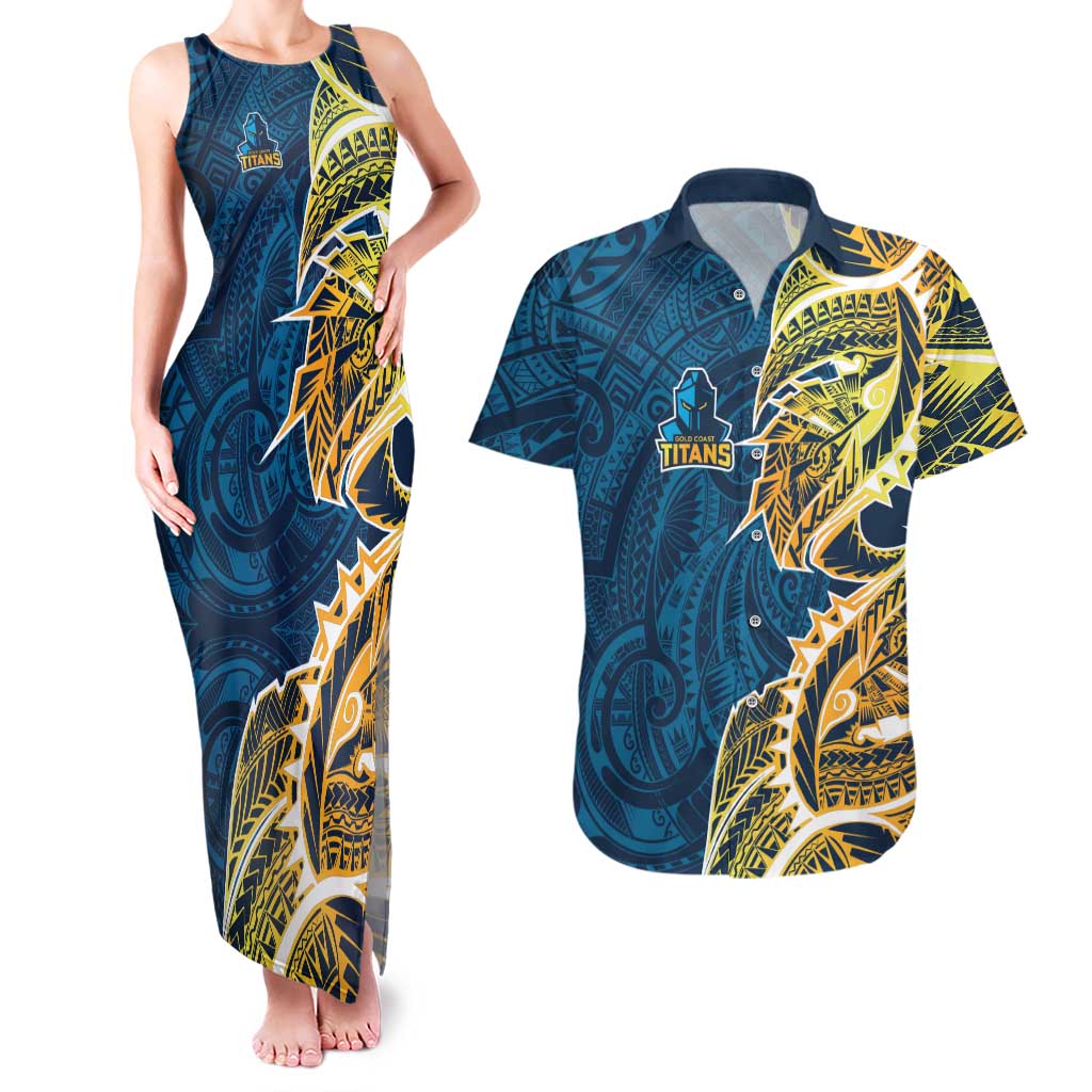 Gold Coast Titans Couples Matching Tank Maxi Dress and Hawaiian Shirt Polynesian Tribal Tattoo Pacific Sport Art