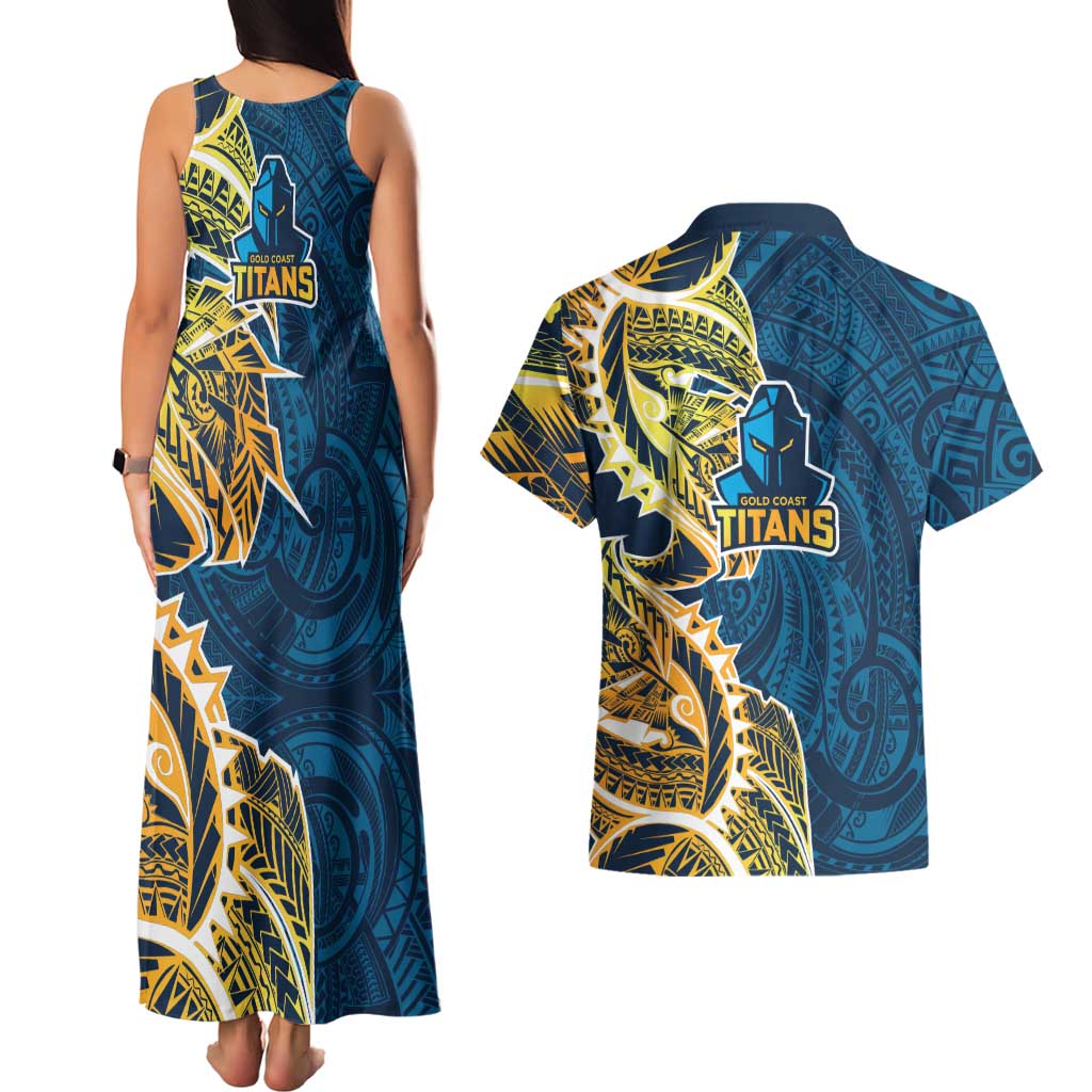Gold Coast Titans Couples Matching Tank Maxi Dress and Hawaiian Shirt Polynesian Tribal Tattoo Pacific Sport Art