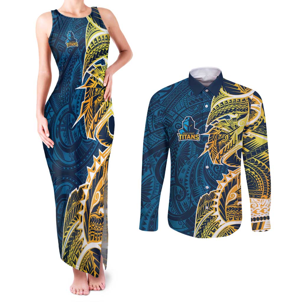 Gold Coast Titans Couples Matching Tank Maxi Dress and Long Sleeve Button Shirt Polynesian Tribal Tattoo Pacific Sport Art