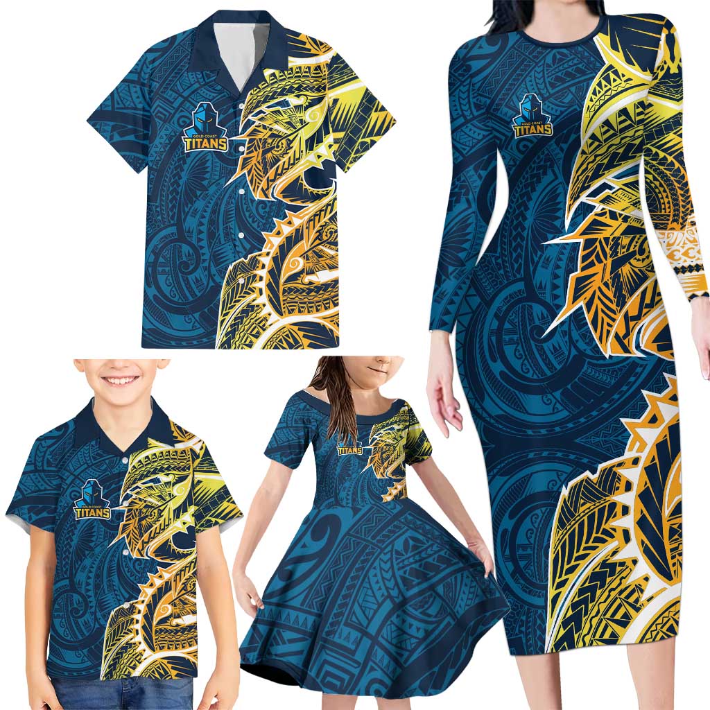 Gold Coast Titans Family Matching Long Sleeve Bodycon Dress and Hawaiian Shirt Polynesian Tribal Tattoo Pacific Sport Art