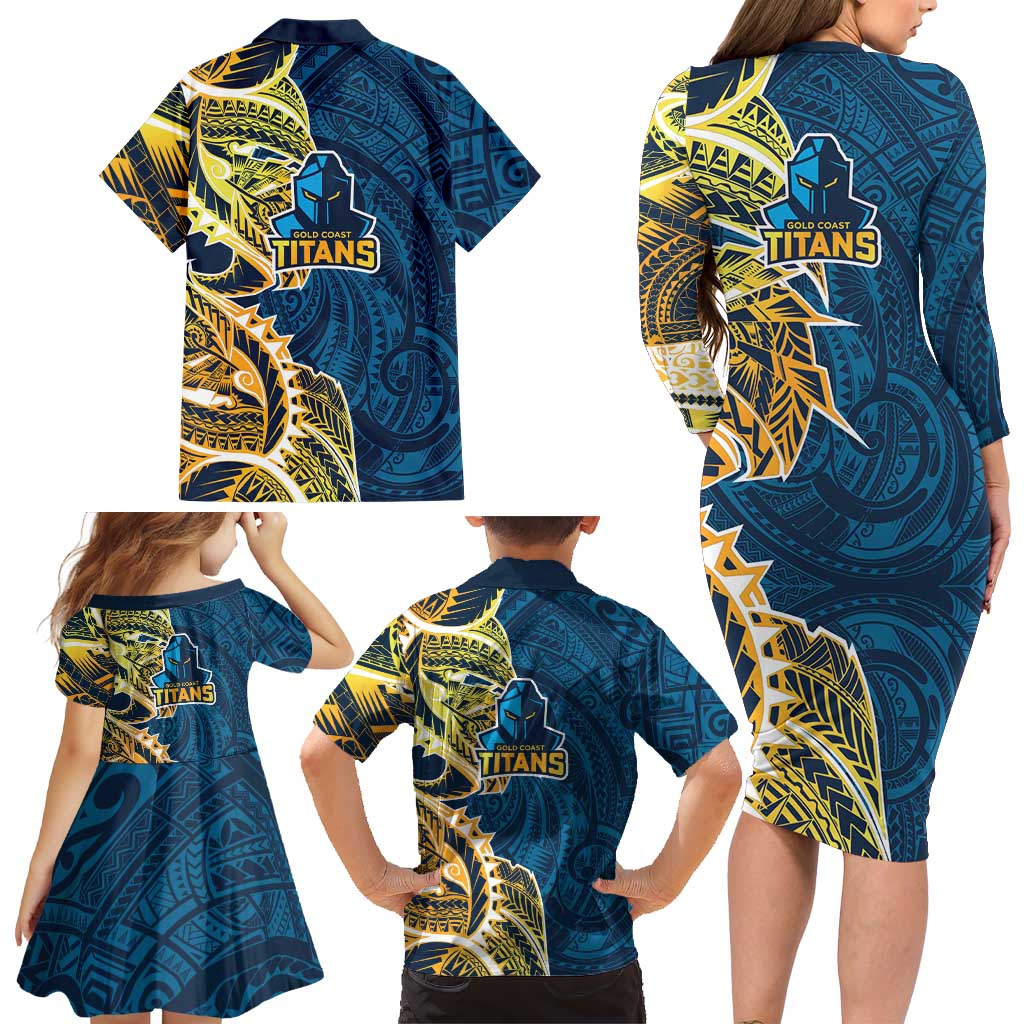 Gold Coast Titans Family Matching Long Sleeve Bodycon Dress and Hawaiian Shirt Polynesian Tribal Tattoo Pacific Sport Art