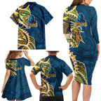 Gold Coast Titans Family Matching Long Sleeve Bodycon Dress and Hawaiian Shirt Polynesian Tribal Tattoo Pacific Sport Art