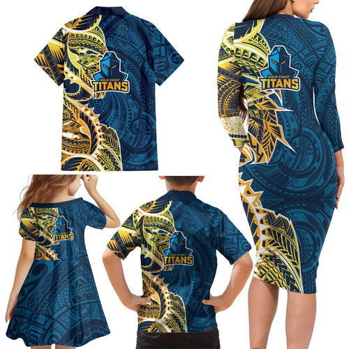 Gold Coast Titans Family Matching Long Sleeve Bodycon Dress and Hawaiian Shirt Polynesian Tribal Tattoo Pacific Sport Art