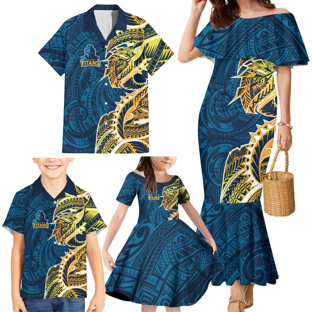 Gold Coast Titans Family Matching Mermaid Dress and Hawaiian Shirt Polynesian Tribal Tattoo Pacific Sport Art
