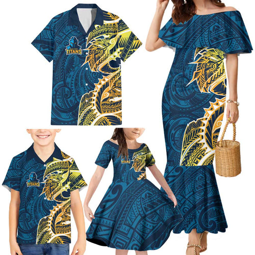 Gold Coast Titans Family Matching Mermaid Dress and Hawaiian Shirt Polynesian Tribal Tattoo Pacific Sport Art