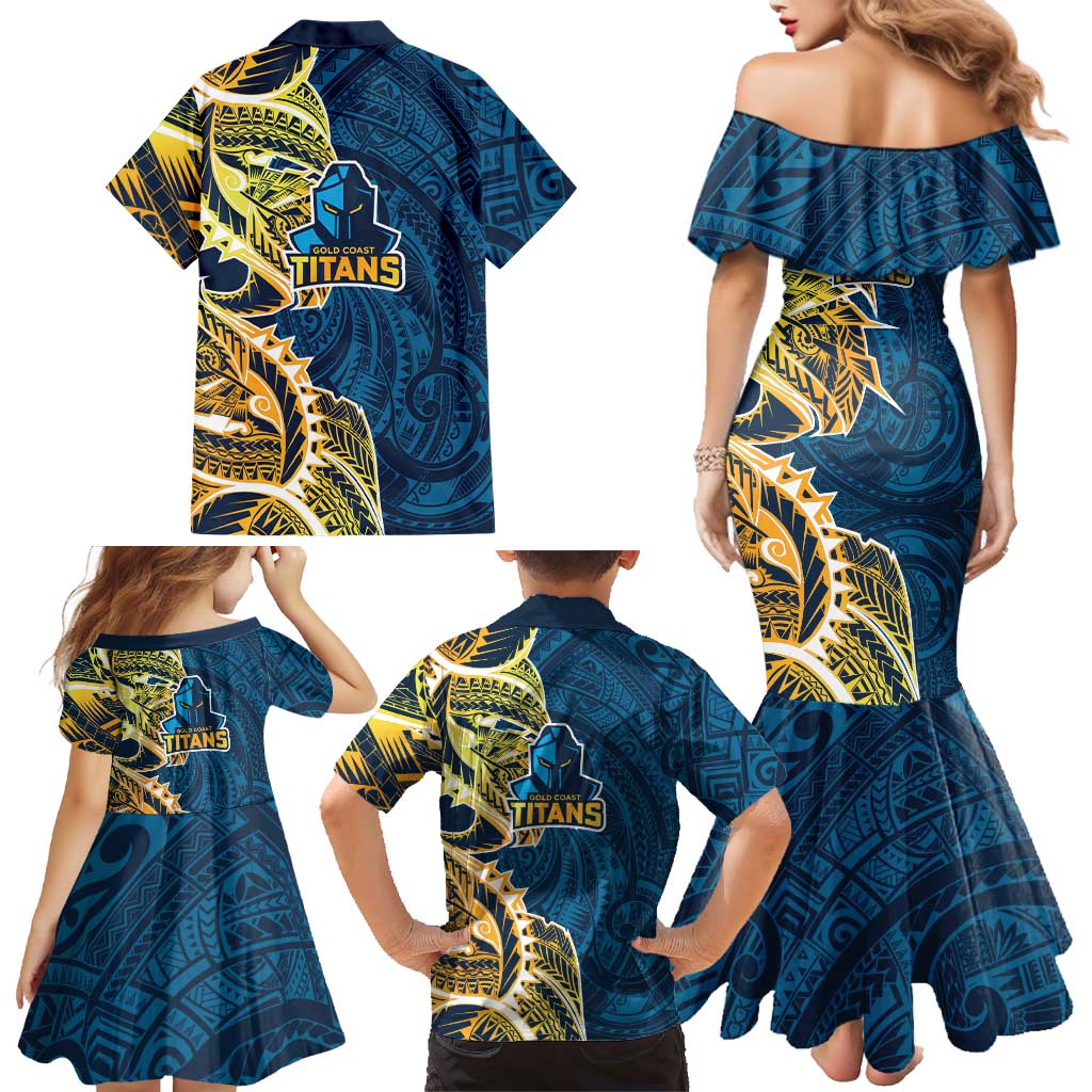 Gold Coast Titans Family Matching Mermaid Dress and Hawaiian Shirt Polynesian Tribal Tattoo Pacific Sport Art