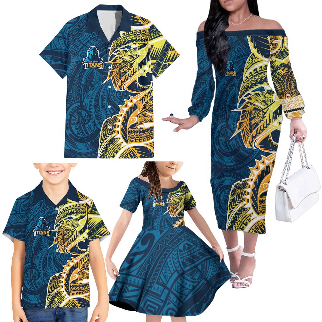 Gold Coast Titans Family Matching Off The Shoulder Long Sleeve Dress and Hawaiian Shirt Polynesian Tribal Tattoo Pacific Sport Art