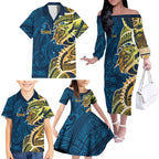 Gold Coast Titans Family Matching Off The Shoulder Long Sleeve Dress and Hawaiian Shirt Polynesian Tribal Tattoo Pacific Sport Art