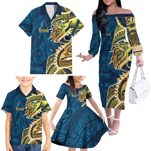 Gold Coast Titans Family Matching Off The Shoulder Long Sleeve Dress and Hawaiian Shirt Polynesian Tribal Tattoo Pacific Sport Art
