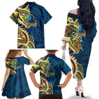 Gold Coast Titans Family Matching Off The Shoulder Long Sleeve Dress and Hawaiian Shirt Polynesian Tribal Tattoo Pacific Sport Art