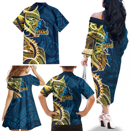 Gold Coast Titans Family Matching Off The Shoulder Long Sleeve Dress and Hawaiian Shirt Polynesian Tribal Tattoo Pacific Sport Art