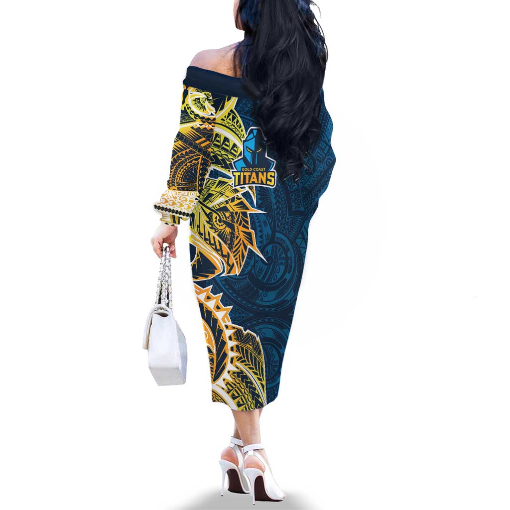 Gold Coast Titans Family Matching Off The Shoulder Long Sleeve Dress and Hawaiian Shirt Polynesian Tribal Tattoo Pacific Sport Art