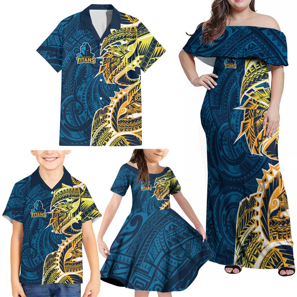 Gold Coast Titans Family Matching Off Shoulder Maxi Dress and Hawaiian Shirt Polynesian Tribal Tattoo Pacific Sport Art