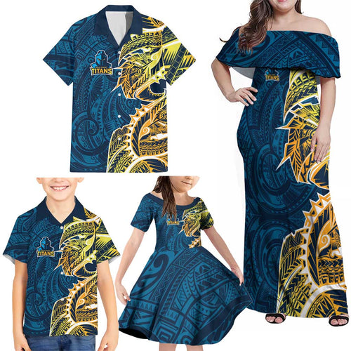 Gold Coast Titans Family Matching Off Shoulder Maxi Dress and Hawaiian Shirt Polynesian Tribal Tattoo Pacific Sport Art