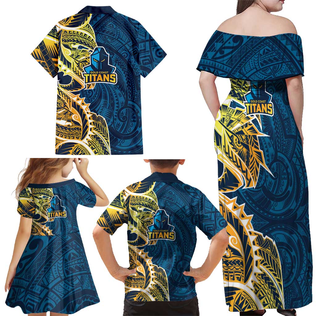 Gold Coast Titans Family Matching Off Shoulder Maxi Dress and Hawaiian Shirt Polynesian Tribal Tattoo Pacific Sport Art