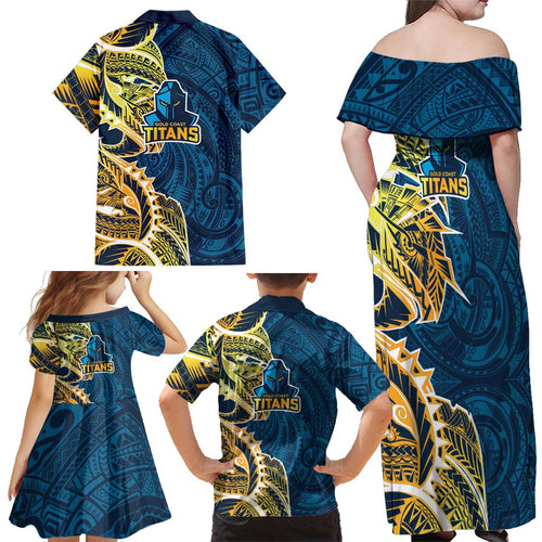 Gold Coast Titans Family Matching Off Shoulder Maxi Dress and Hawaiian Shirt Polynesian Tribal Tattoo Pacific Sport Art