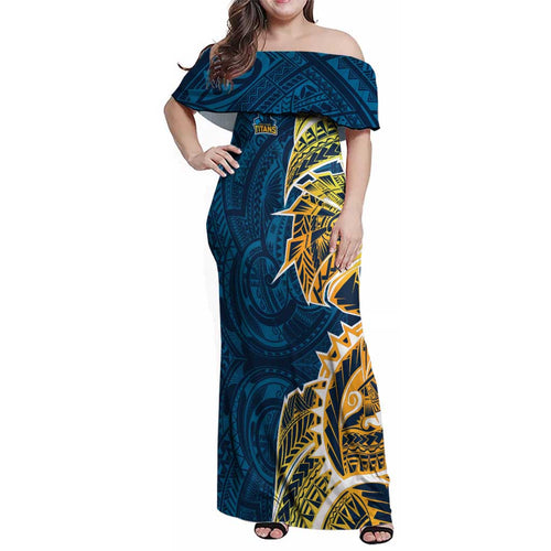 Gold Coast Titans Family Matching Off Shoulder Maxi Dress and Hawaiian Shirt Polynesian Tribal Tattoo Pacific Sport Art
