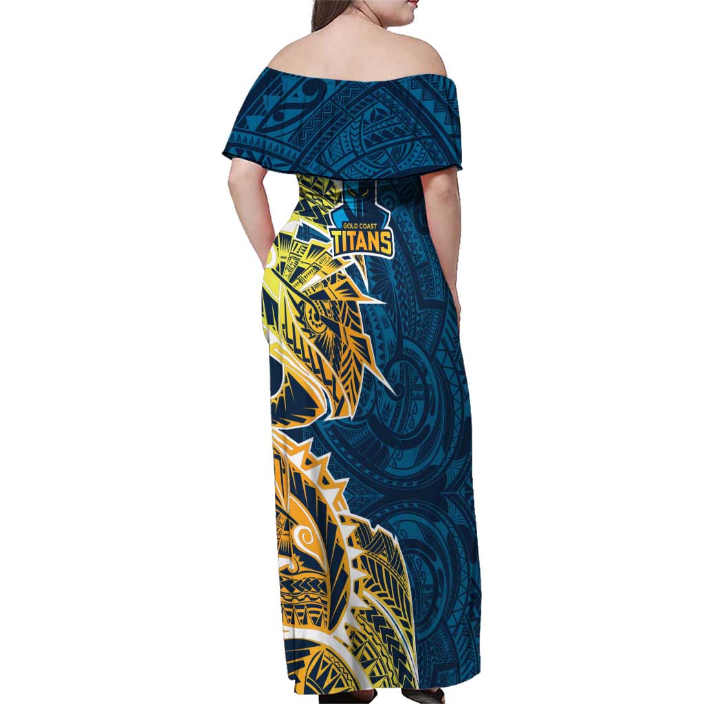 Gold Coast Titans Family Matching Off Shoulder Maxi Dress and Hawaiian Shirt Polynesian Tribal Tattoo Pacific Sport Art
