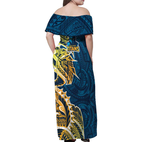 Gold Coast Titans Family Matching Off Shoulder Maxi Dress and Hawaiian Shirt Polynesian Tribal Tattoo Pacific Sport Art