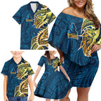 Gold Coast Titans Family Matching Off Shoulder Short Dress and Hawaiian Shirt Polynesian Tribal Tattoo Pacific Sport Art