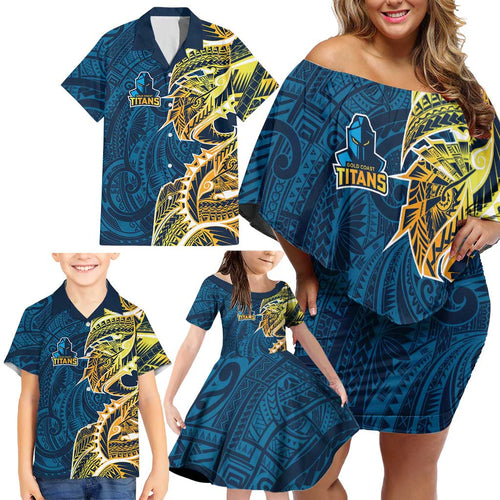 Gold Coast Titans Family Matching Off Shoulder Short Dress and Hawaiian Shirt Polynesian Tribal Tattoo Pacific Sport Art